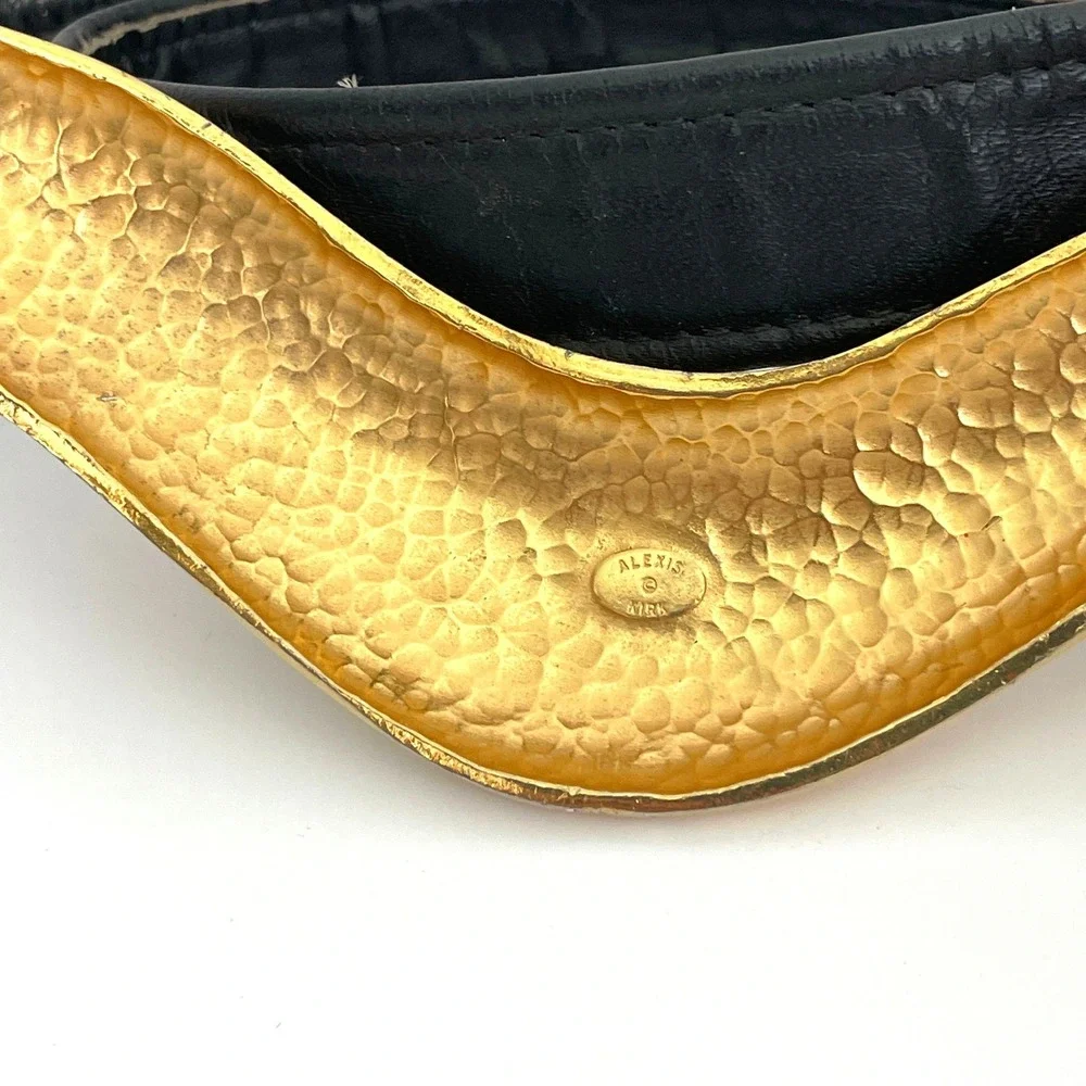 Vintage Alexis Kirk Black Leather Belt Gold Sculptural Statement Buckle 80s